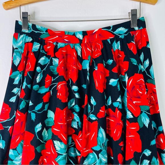 Vintage Leslie Lucks red black floral rose rockabilly grunge midi skirt medium - Picture 2 of 5